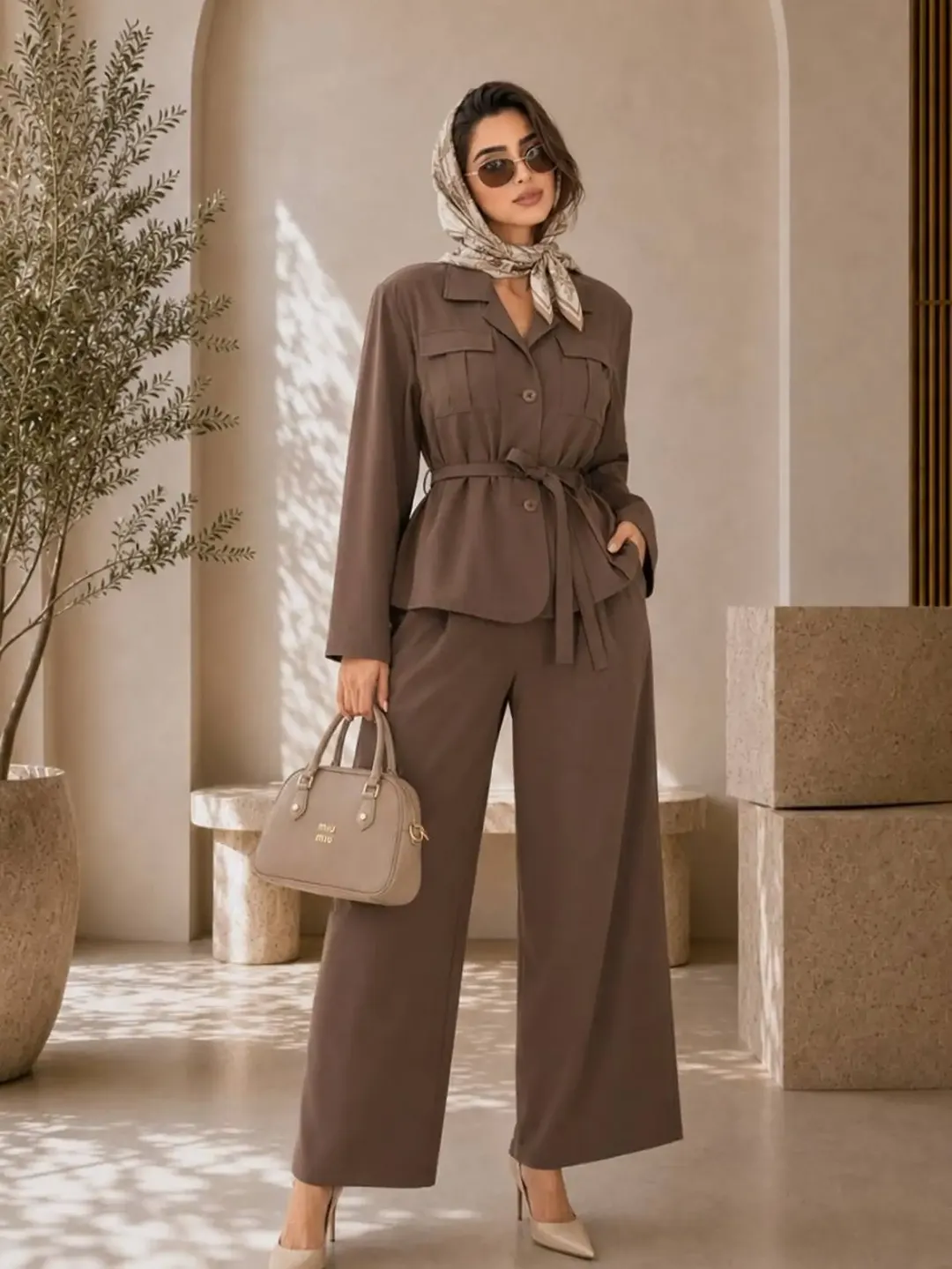 مانتو کتی کمربنددار و شلوار نیم‌بگ زنانه