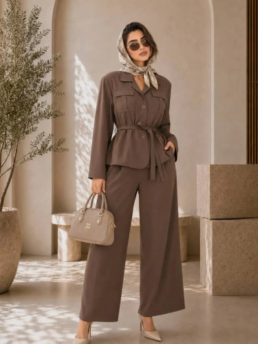 مانتو کتی کمربنددار و شلوار نیمبگ زنانه